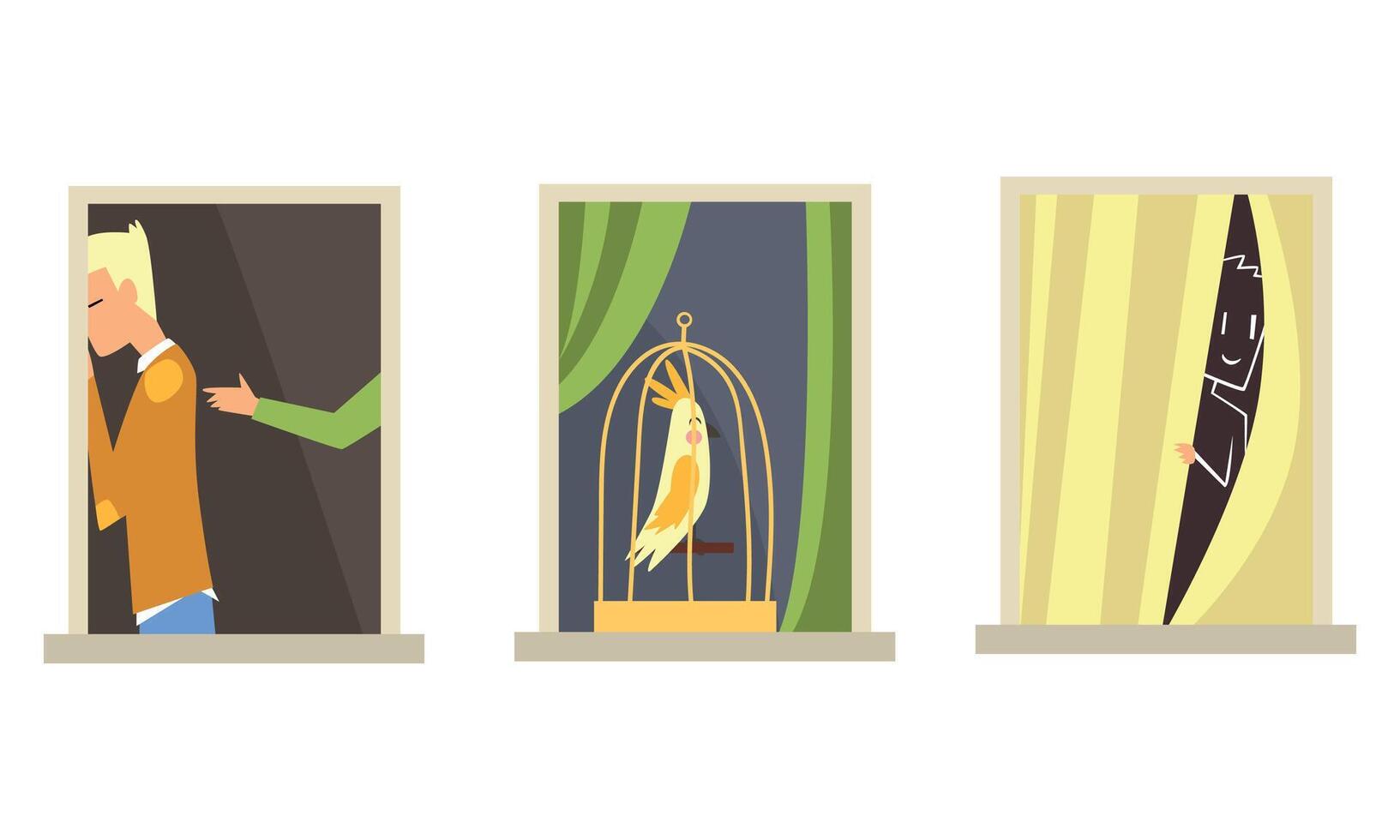 Neighbors in Windows Set, People Doing Different Sctivities in their Apartments Cartoon Style Illustration vector