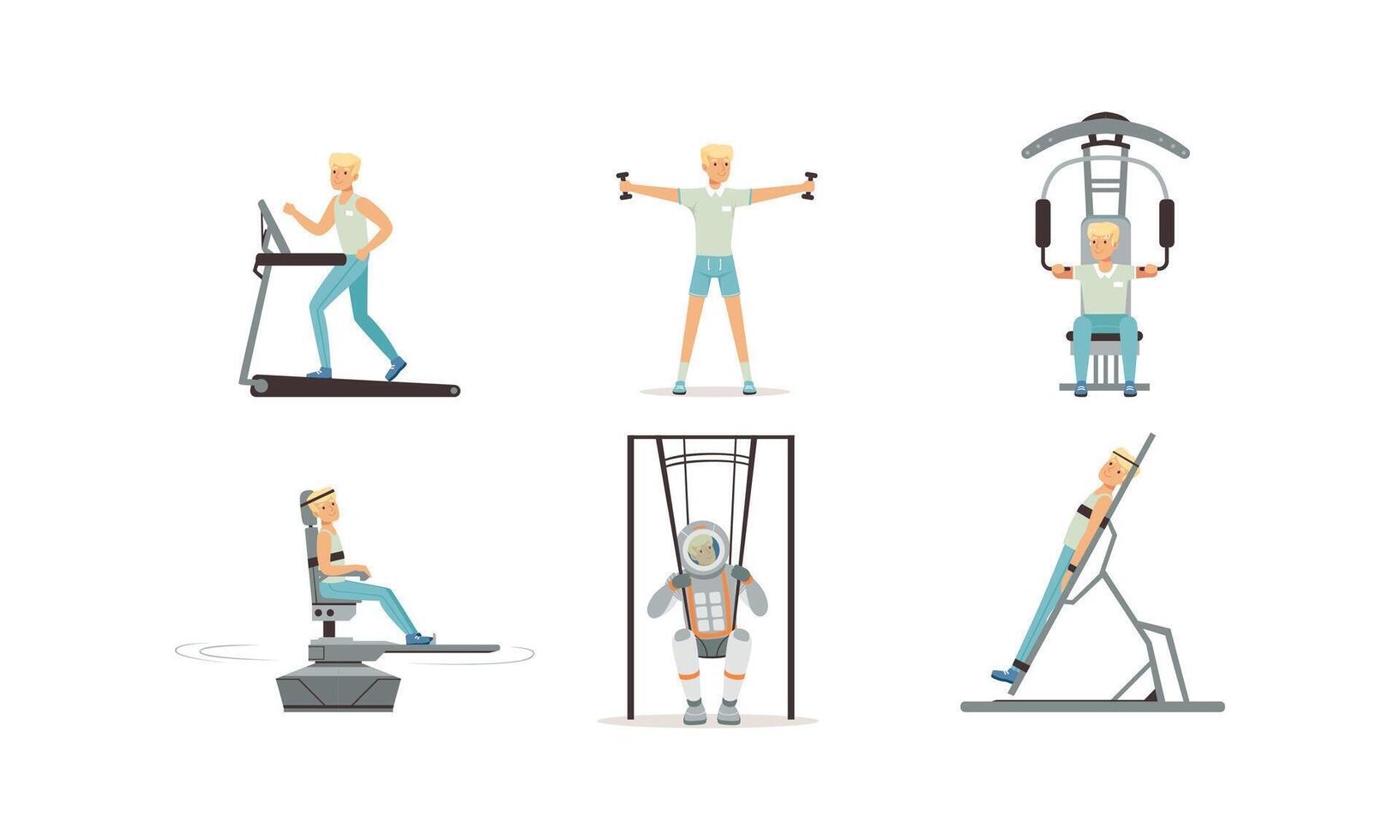 Astronaut Physical Training Set, Male Astronaut Doing Physical Workout, Running on Treadmill, Testing Flat Style Illustration vector