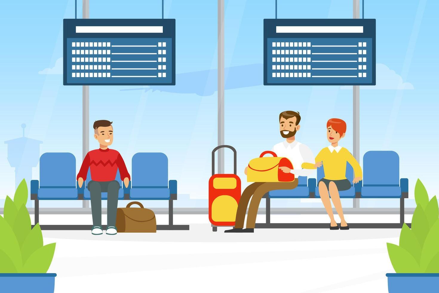 Passengers Sitting in Airport Terminal Waiting for Flight, People Travelling by Plane with Luggage Illustration vector