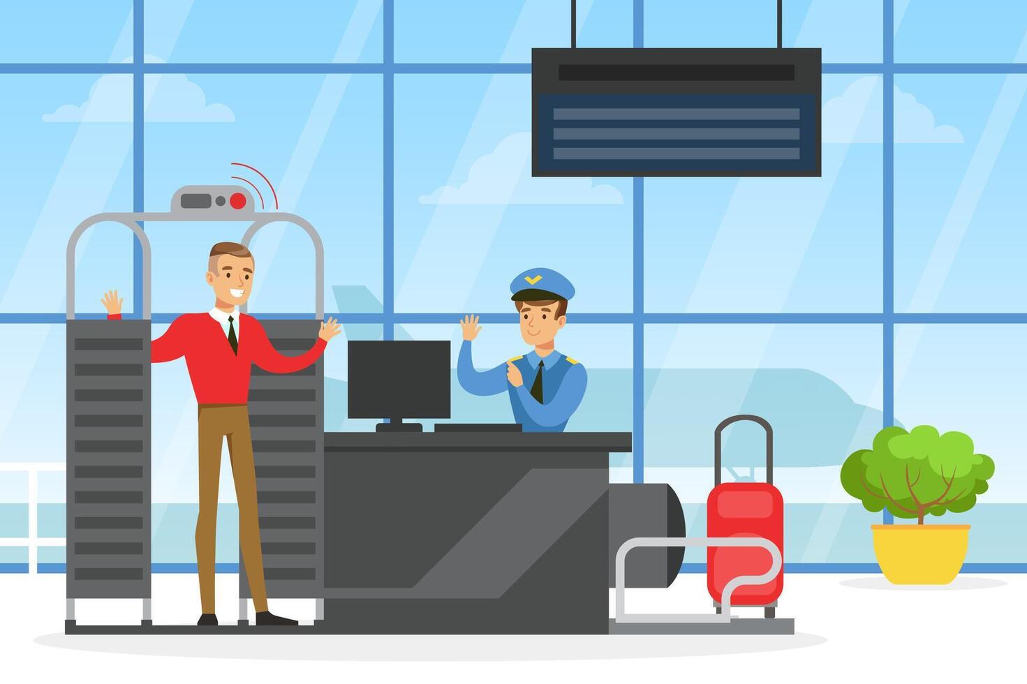 Male Passenger Passing Through Scanner at Security Check Point in Airport, People Travelling by Plane with Luggage Illustration vector
