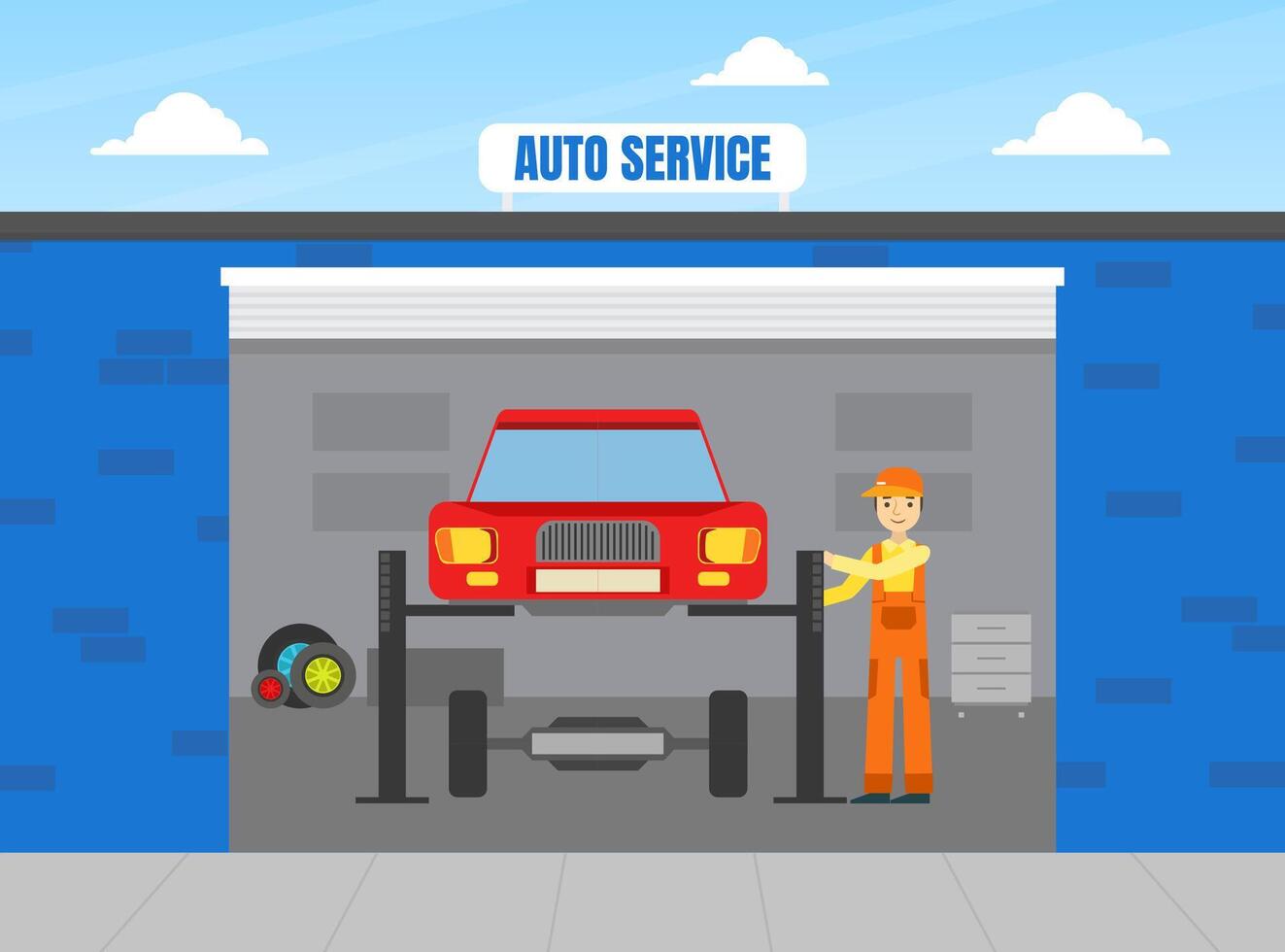 Car Repair Service, Auto Mechanic Character in Overalls Fixing Red Car Lifted on Autolifts Illustration vector