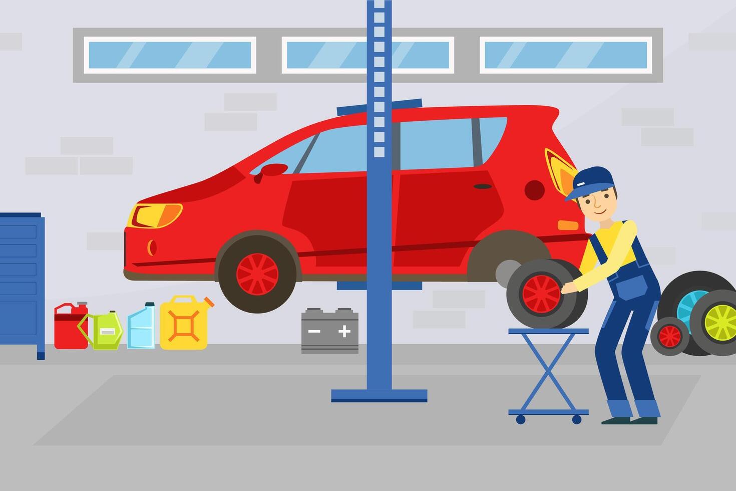 Car Repair Service, Auto Mechanic Character Changing Wheel in Red Car Lifted on Autolifts Illustration vector