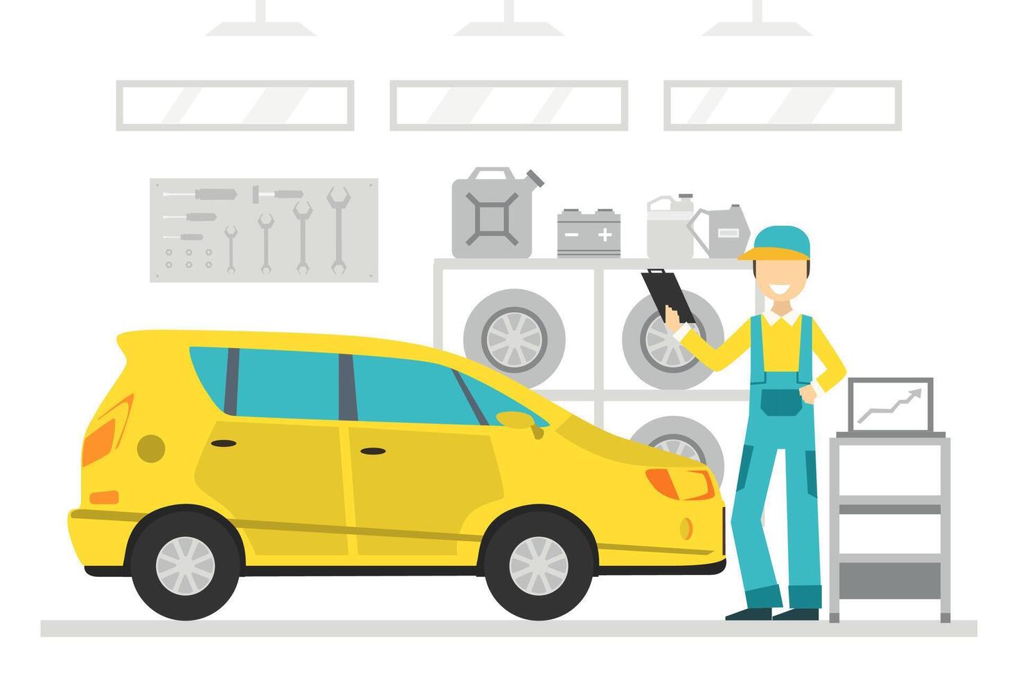 Auto Repair Service, Auto Mechanic Character in Overalls Making Computer Diagnostics of Automobile Illustration vector