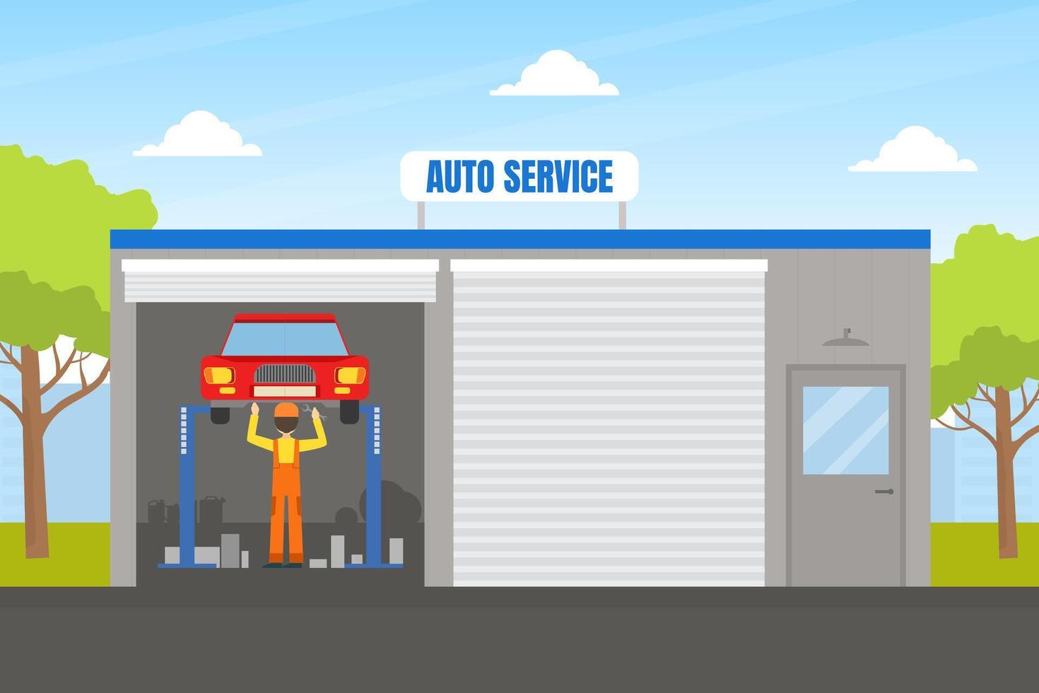 Auto Repair Service, Auto Mechanic Character in Overalls Repairing Car Lifted on Hoist Illustration vector