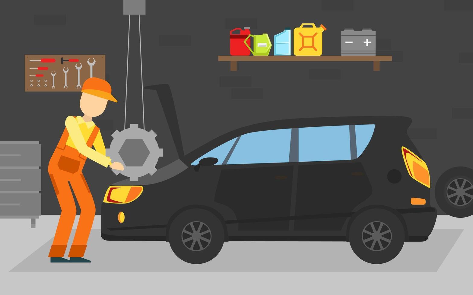 Car Repair Service, Auto Mechanic Character in Overalls Fixing Car Illustration vector
