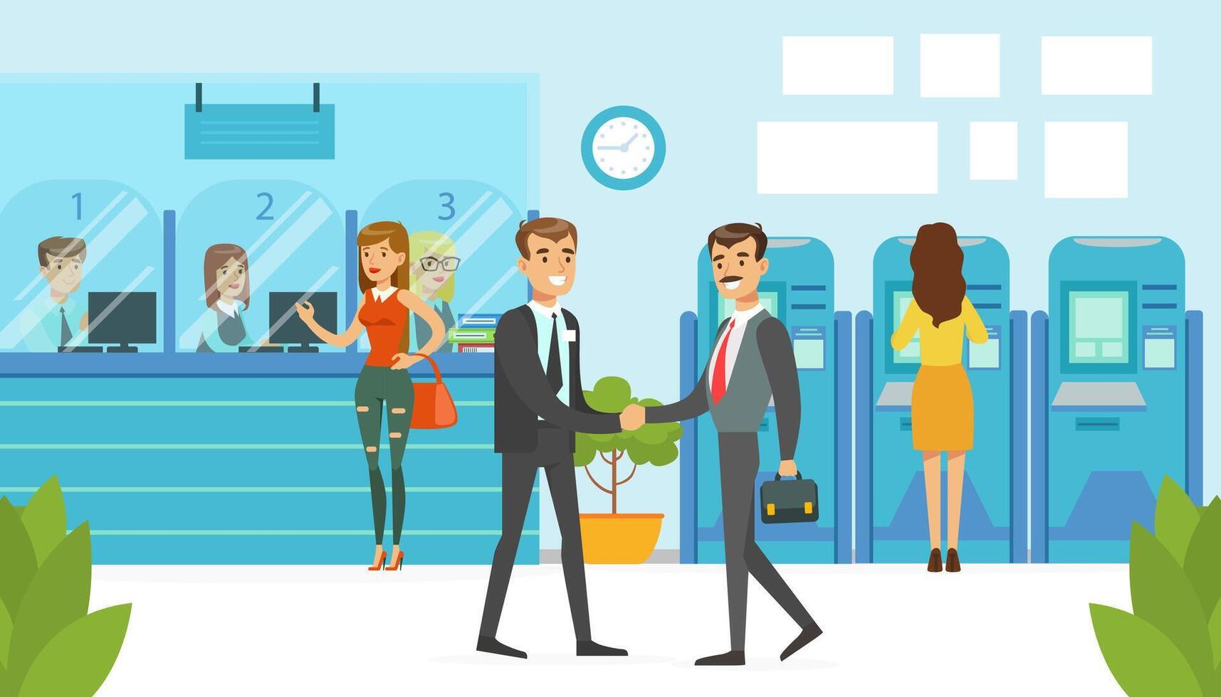 Bank Office Interior with Meeting People and Managers Consulting Clients, Financial Bank Service Illustration vector