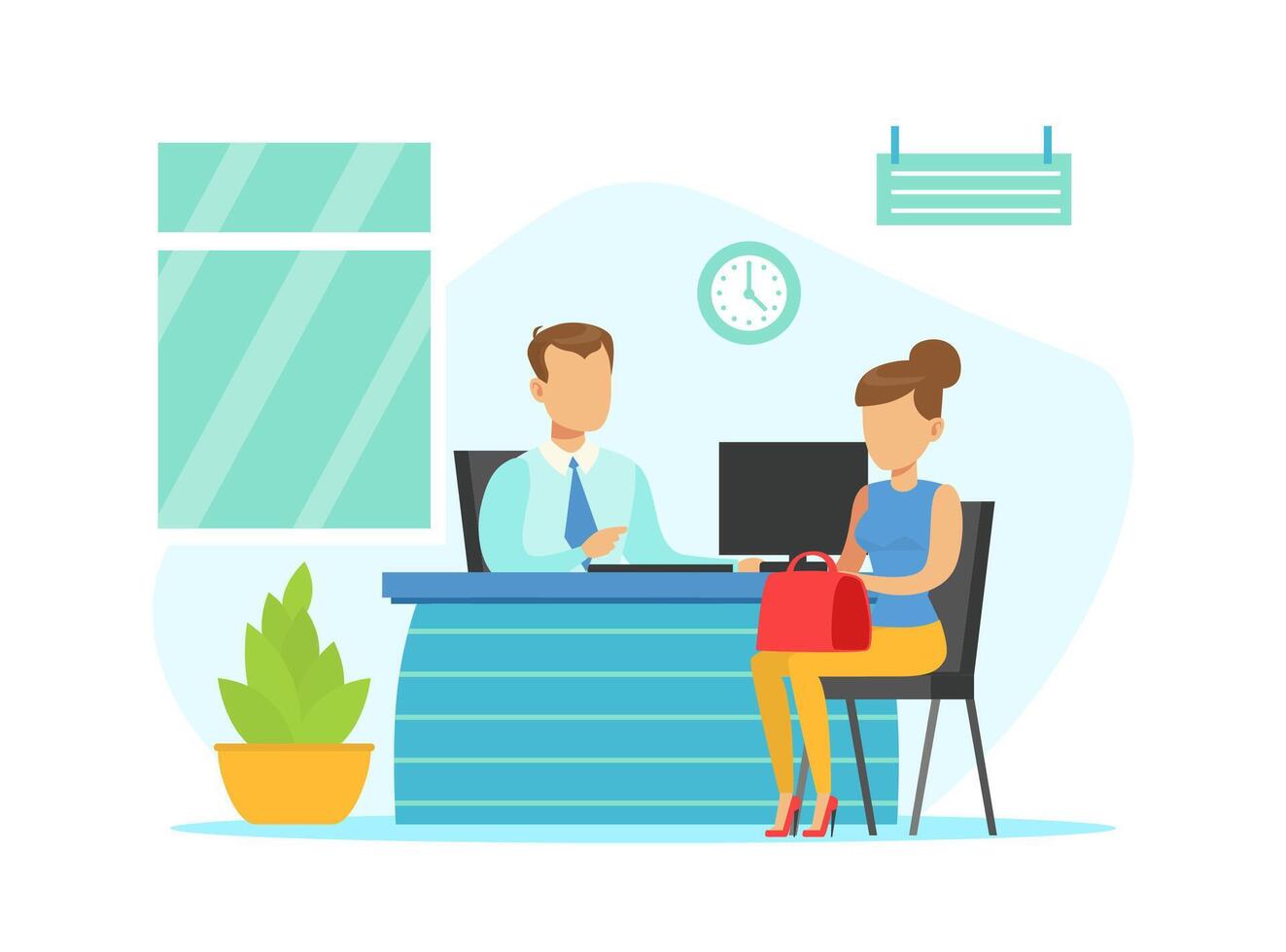 Bank Manager Consulting Female Client, Bank Interior with Counter Desk and Financial Consultant, Bank Service Illustration vector
