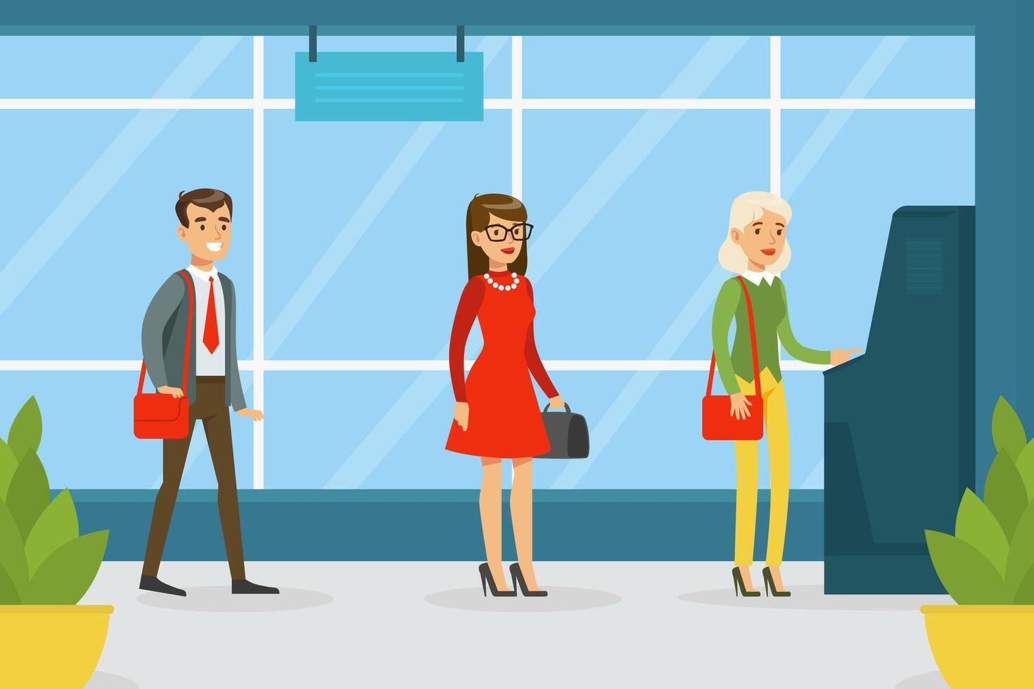 Queue of People Waiting in Line to the ATM, Financial Bank Service Illustration vector