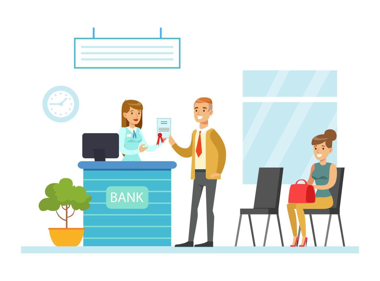 Bank Manager Consulting Customer in Office, Bank Interior with Counter Desk, Employee and Clients, Bank Service Cartoon Illustration vector