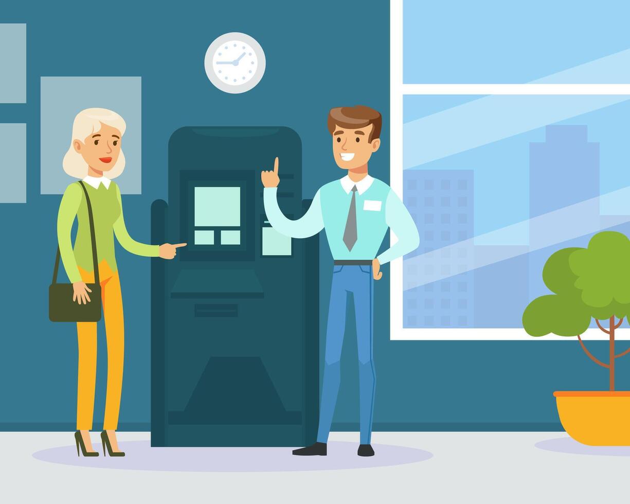 Male Bank Assistant Helping Client at ATM, Financial Bank Service Illustration vector