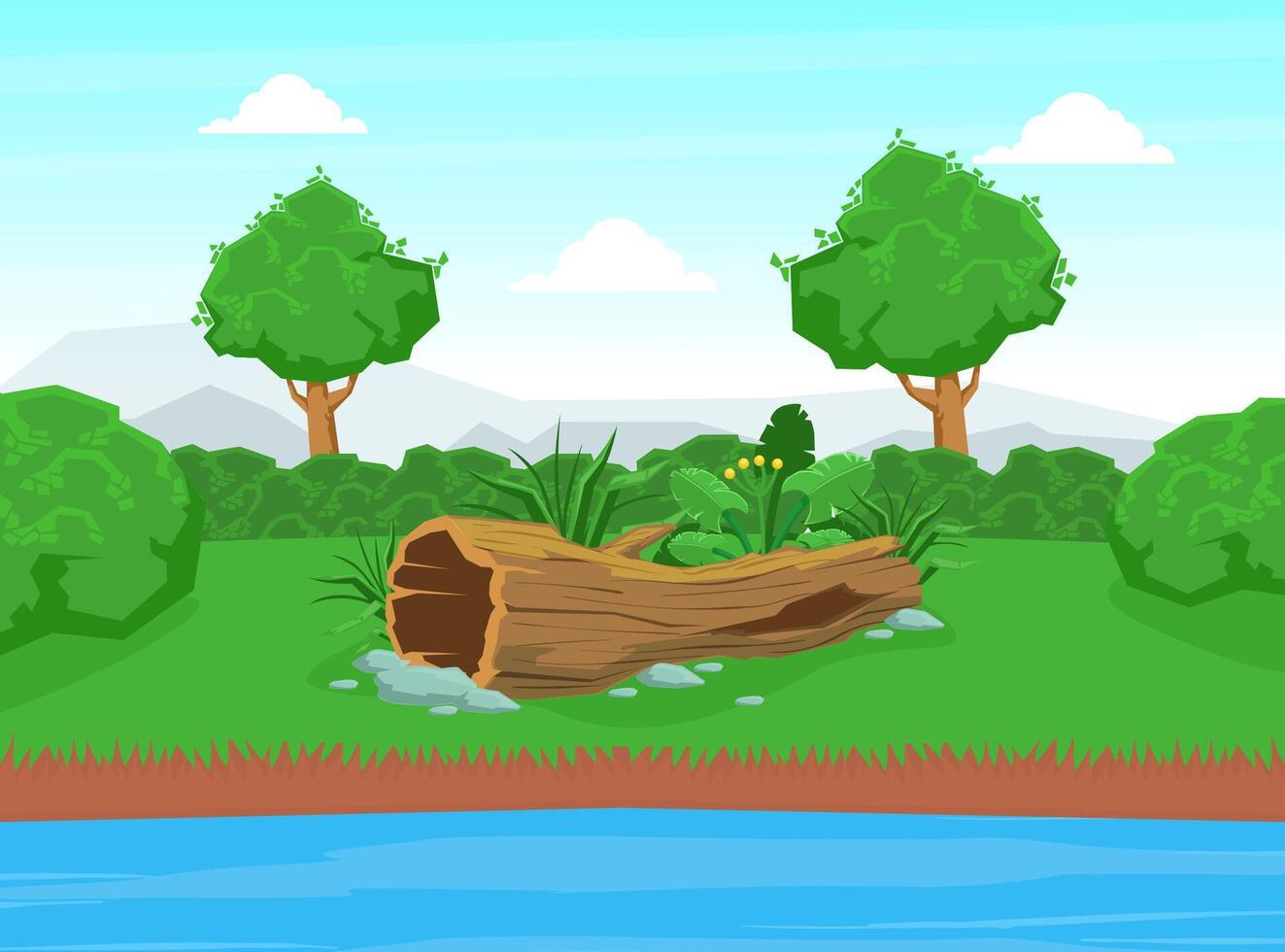 Natural Landscape with Blue River, Green Trees and Dry Tree Trunk on the River Bank Illustration vector