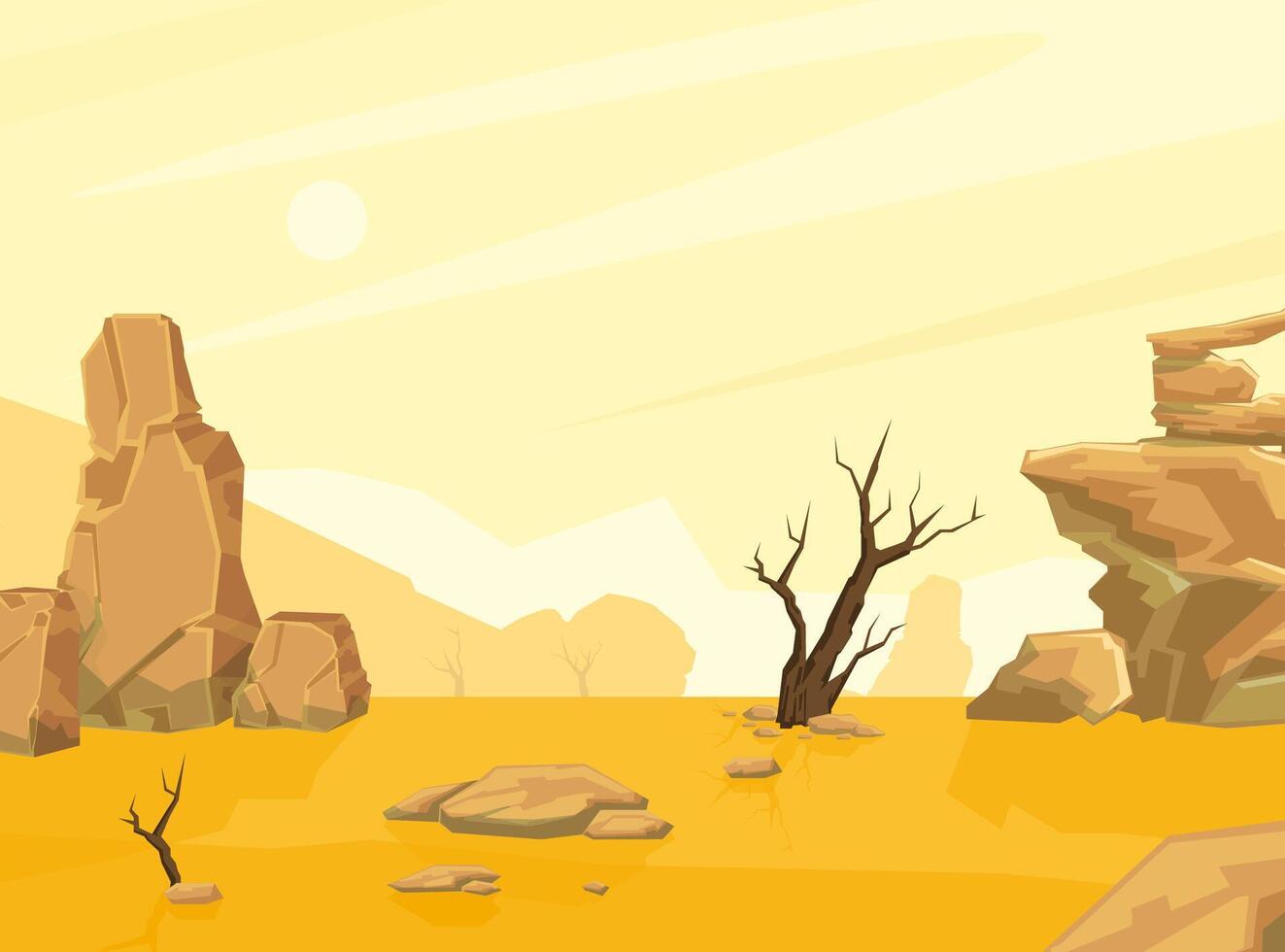 Sandy Desert Landscape with Mountains and Lonely Dead Tree, Drought, Global Warming Conept Cartoon Illustration vector