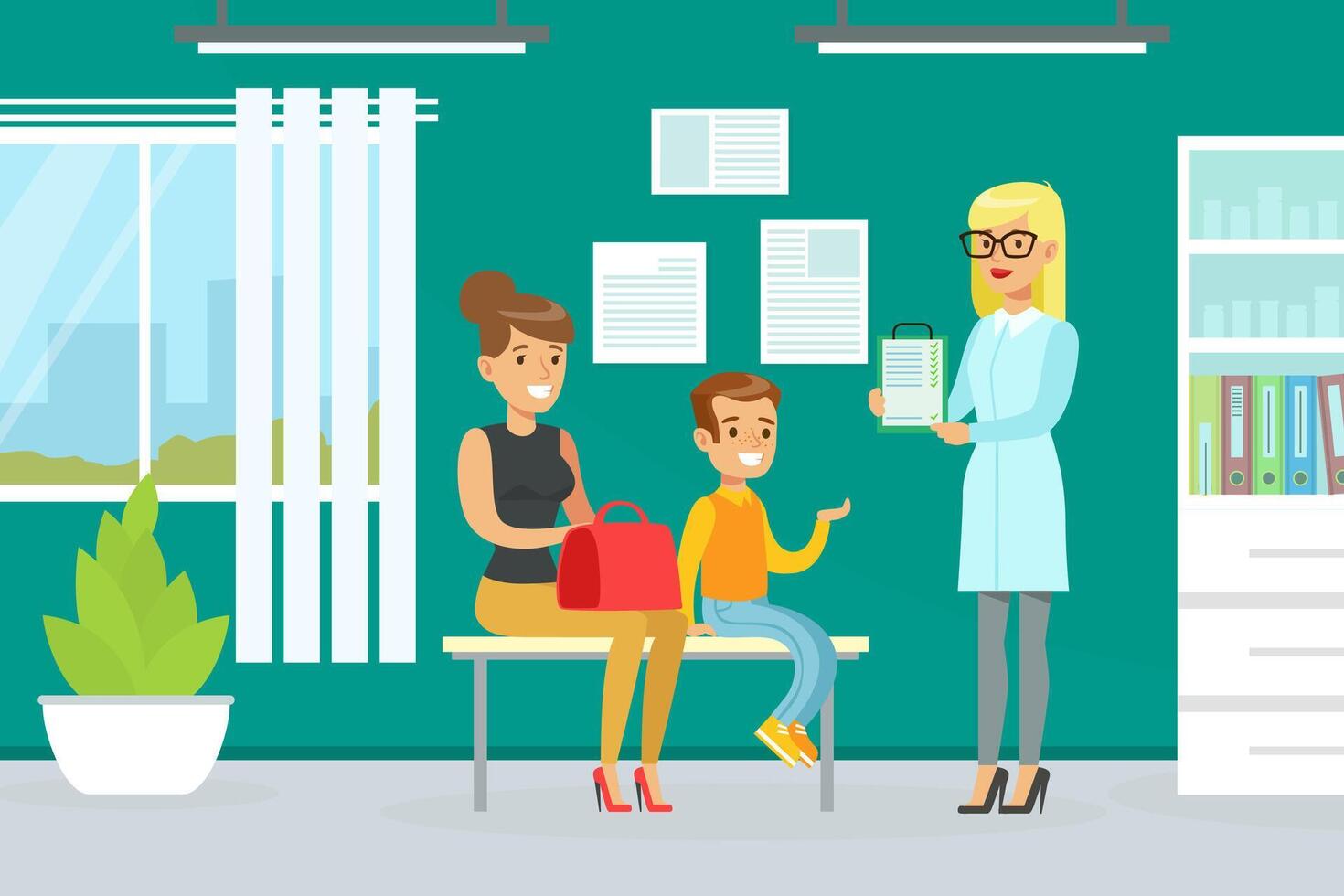Mother and Son Visiting Doctor Together for Checkup at Pediatrician Office, Doctor Woman Doing Medical Examination of Kid, Medical Service Concept Illustration vector