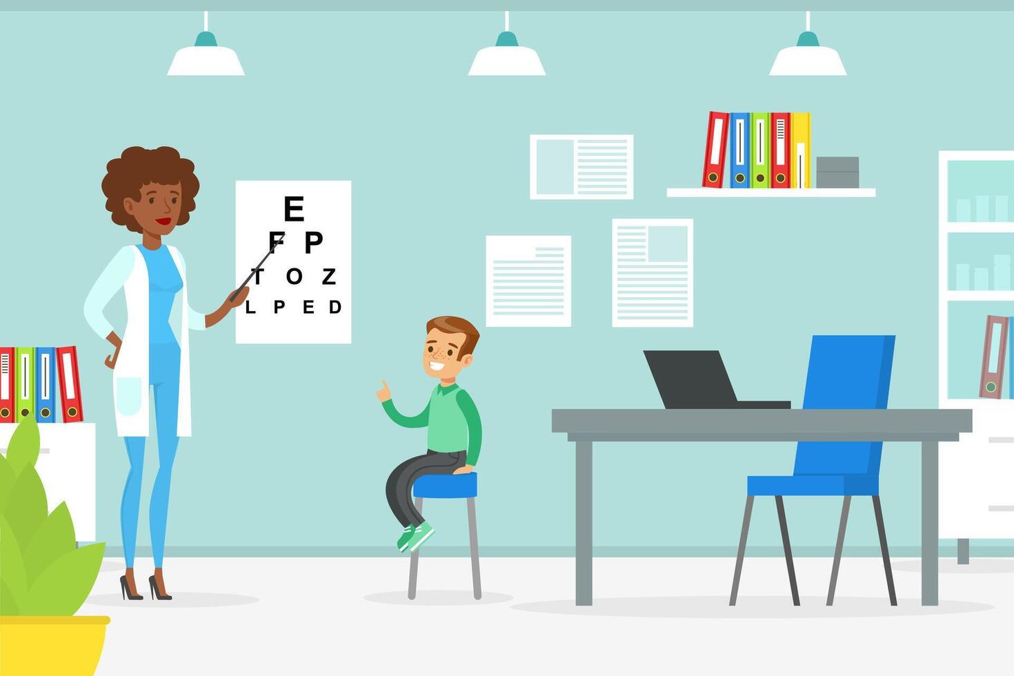 Optometrist Checking Boy Eyesight with Test Chart, Doctor Woman Doing Medical Examination of Kid, Medical Service Concept Illustration vector