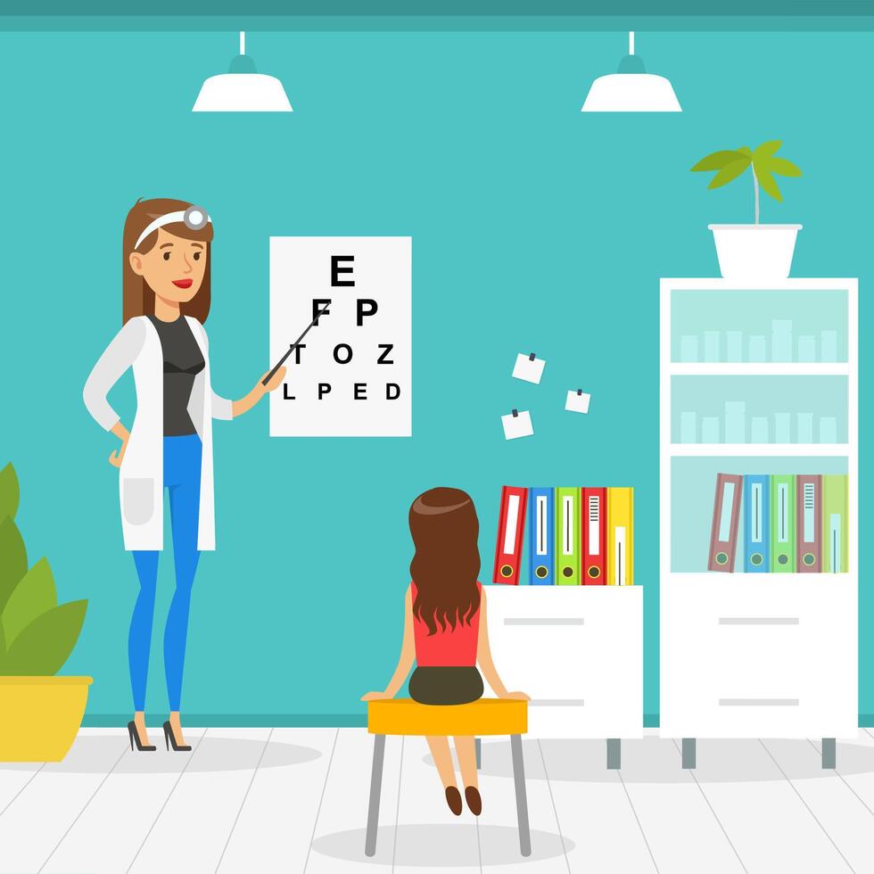 Optometrist Checking Girl Eyesight with Test Chart in Office, Doctor Woman Doing Medical Examination of Kid, Medical Service Concept Illustration vector