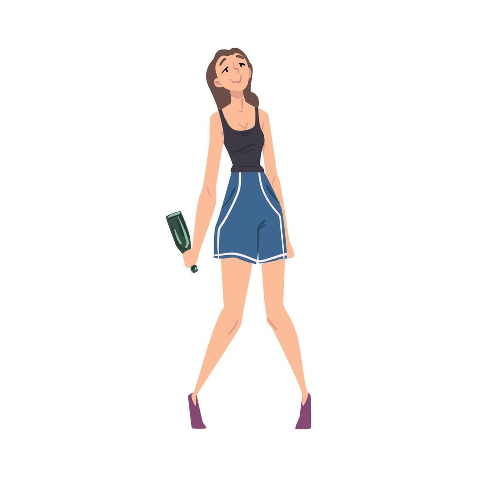 Happy Young Woman with Alcohol Drink Bottle in her Hands, Drunkenness, Bad Habit Concept Cartoon Style Illustration vector