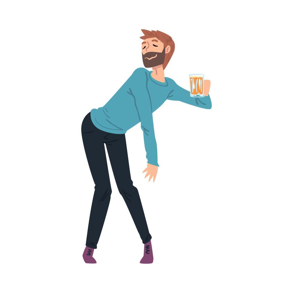 Drunk Young Man with Mug of Beer in his Hands, Boozy Drunk Man Walking Tipsy Screwed, Drunkenness, Bad Habit Concept Cartoon Style Illustration vector