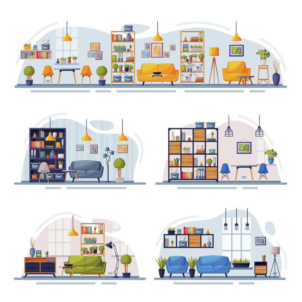Cosy Room Interiors Design Collection, Modern Apartments with Comfy Furniture Illustration vector