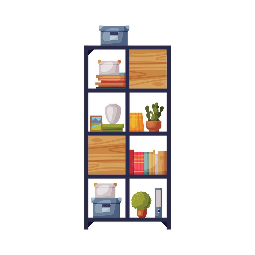 Wooden Bookcase Cozy Room Interior Design Element, Comfy Furniture and Home Decoration Accessories Illustration on White Background vector