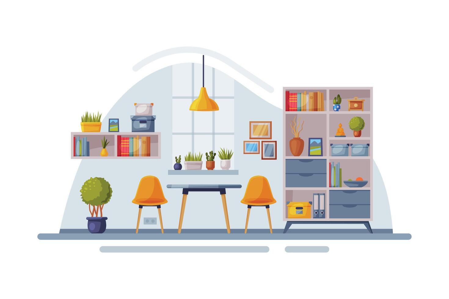Modern Room Interior Design, Cozy Apartments with Comfy Furniture and Home Decor with Bookcase, Table and Chairs Illustration vector