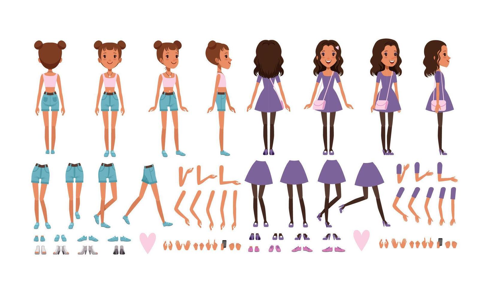 Teenage Girl Creation Set, Cute Girls with Various Views, Poses and Gestures Cartoon Style Illustration vector