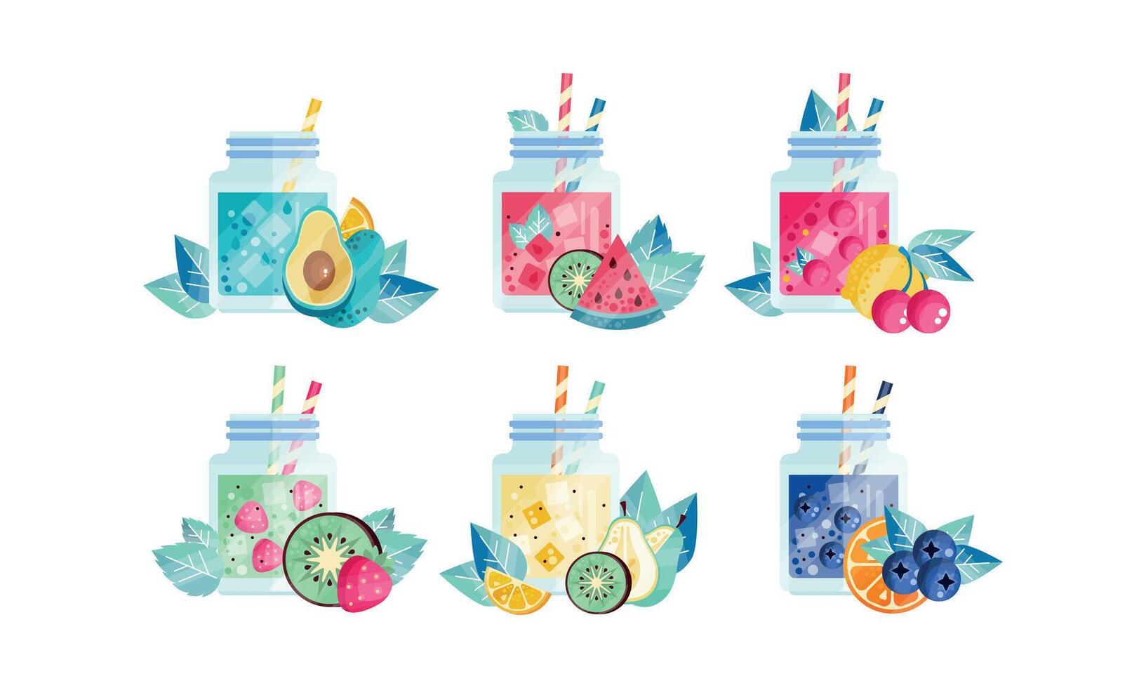 Fruit Smoothie Drinks Set, Nutritious Organic Fresh Healthy Beverages with Various Ingredients Illustration vector