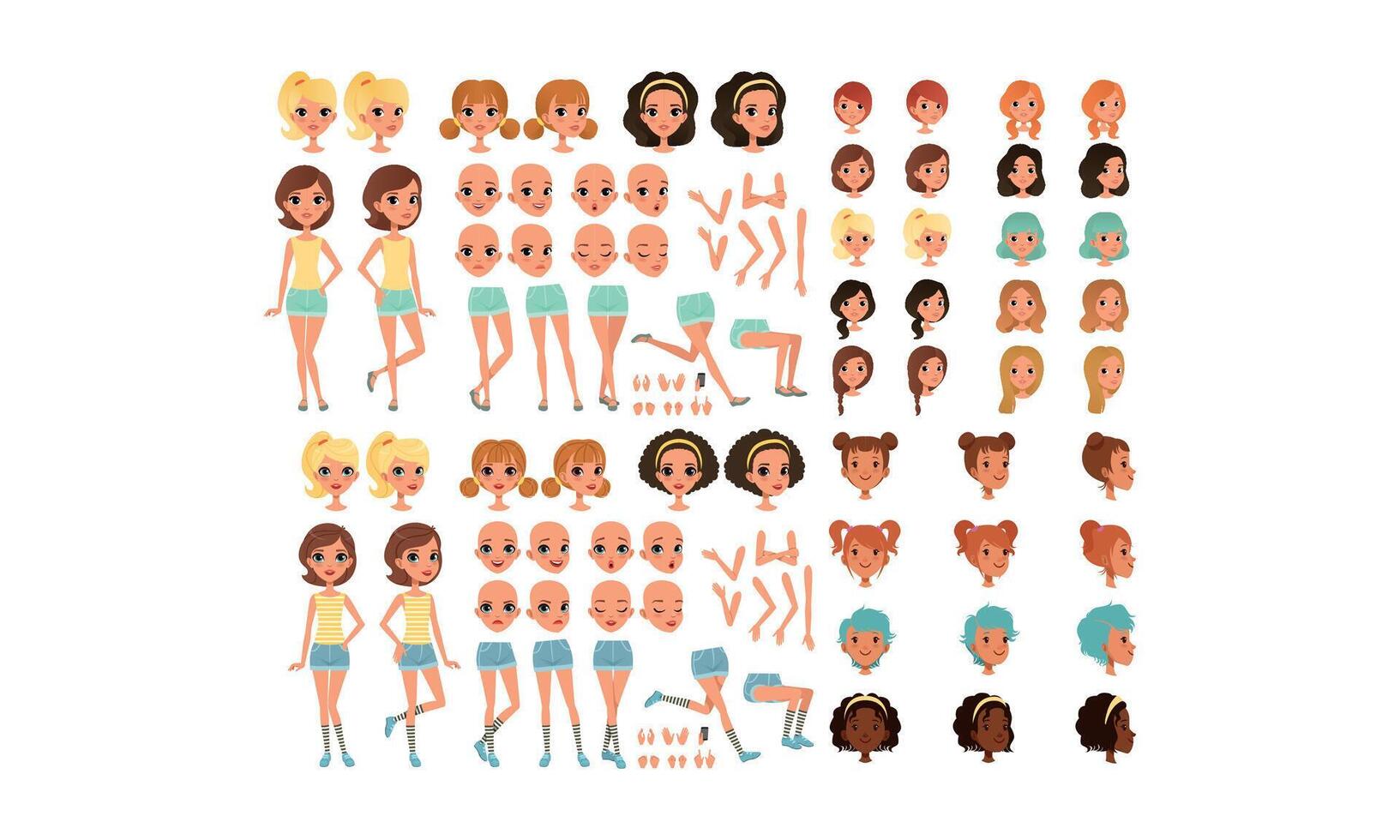 Teenage Girl Creation Set, Cute Girls with Various Haircuts, Face Emotions, Poses Cartoon Style Illustration vector
