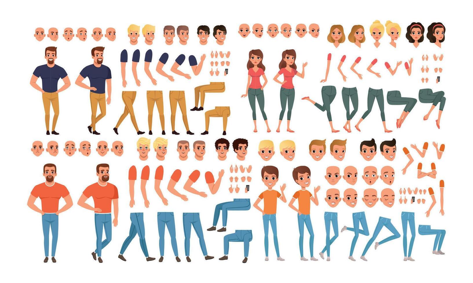 Male and Female Characters Creation Set, People Constructor with Various Views, Face Emotions, Poses Cartoon Style Illustration vector