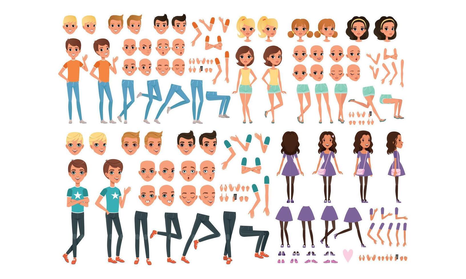 Teenage Boy and Girl Creation Set, Cute Girls and Boys with Various Haircuts, Face Emotions, Poses Cartoon Style Illustration vector
