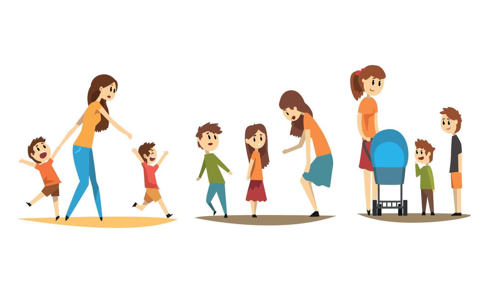 Pretty Mothers Walking with their Little Kids Set, Happy Moms with Naughty Children Cartoon Style Illustration vector