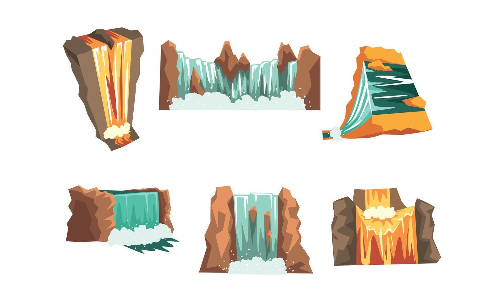 Waterfalls Set, Mountain Landscape Elements Cartoon Style Illustration vector