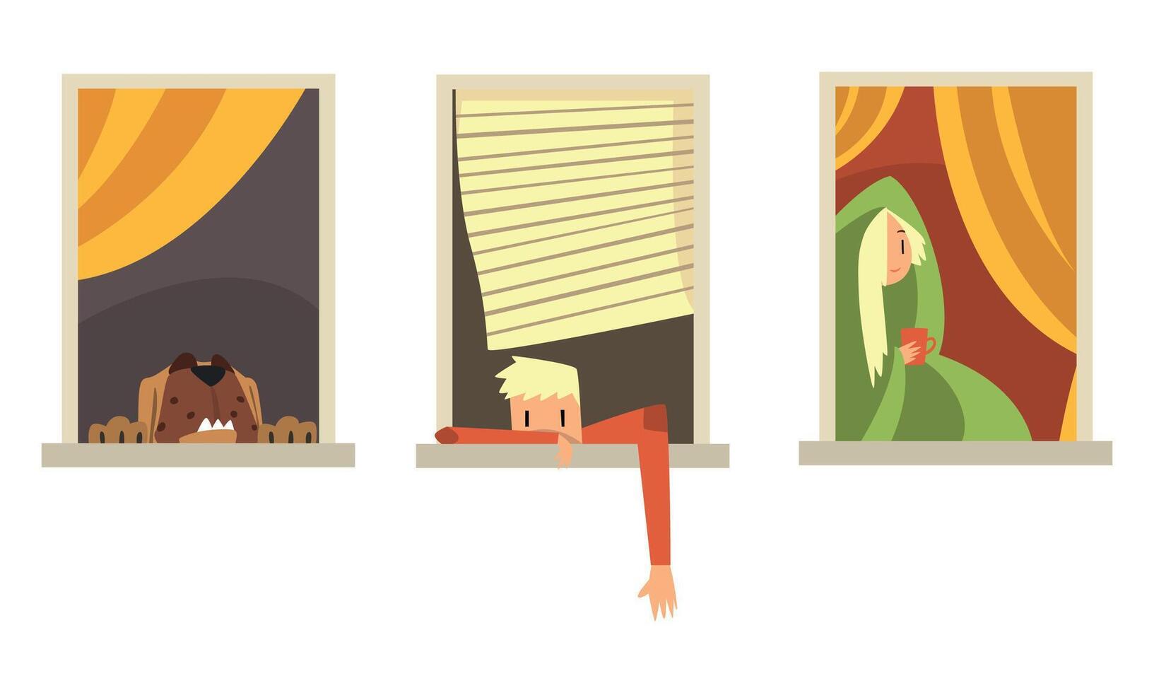 Neighbors in Windows Doing Daily Things in their Apartments Set, People and Dog Looking Out of Room Cartoon Style Illustration vector
