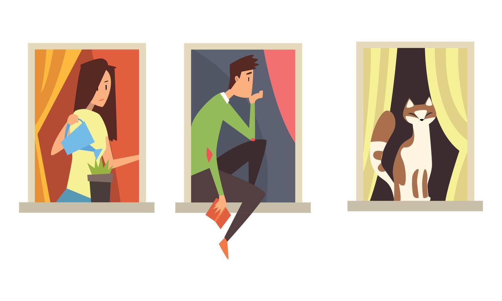 Neighbors in Windows Doing Daily Things in their Apartments Set, People and Cat Looking Through Windows Cartoon Style Illustration vector
