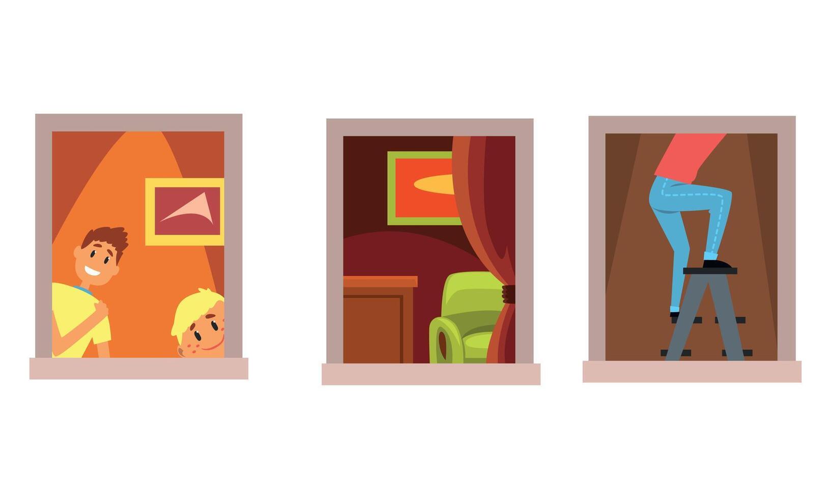 Neighbors in Windows Doing Daily Things in their Apartments Set Cartoon Style Illustration vector