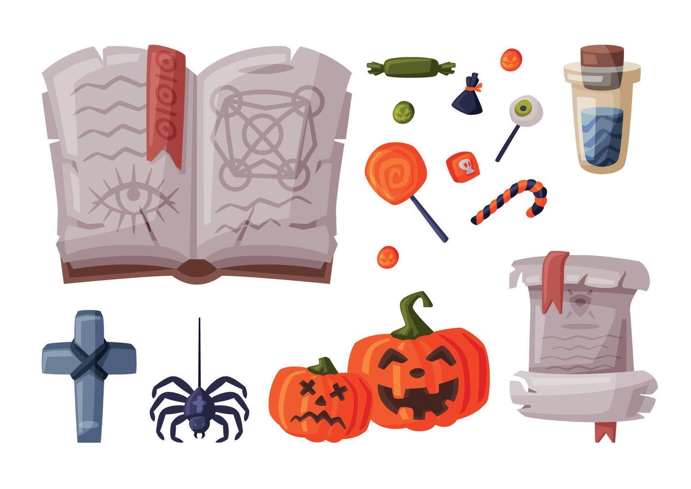 Halloween Symbols Collection, Holiday Party Design Elements, Skeleton, Pumpkin, Magic Book, Cross, Paper Scroll Cartoon Style Illustration vector