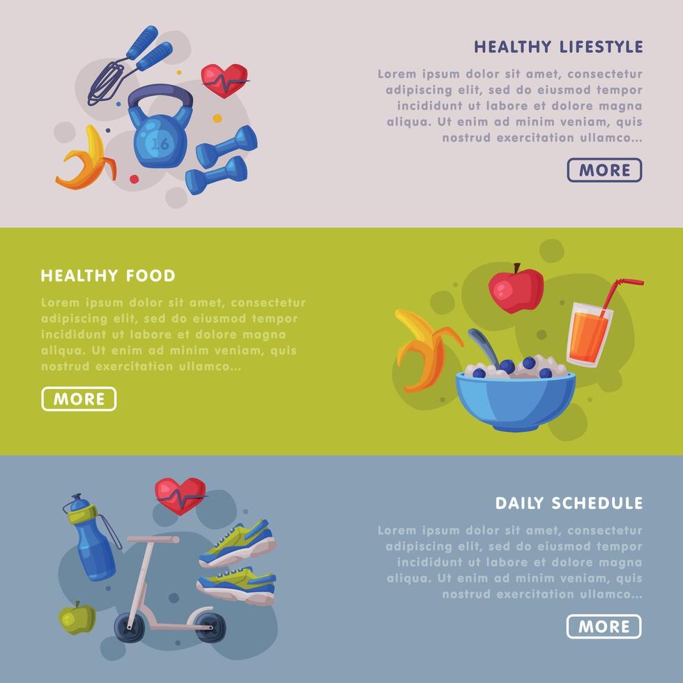 Healthy Lifestyle, Food, Daily Schedule Landing Page Templates Set, Proper Nutrition Food, Fitness and Sport Cartoon Style Illustration vector