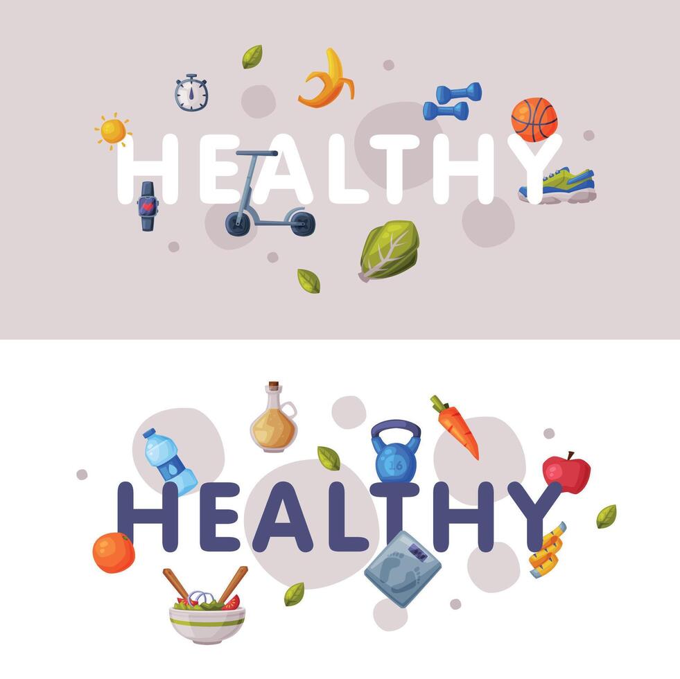 Healthy Lifestyle Banners Set, Fitness and Sports, Proper Nutrition Food Cartoon Style Illustration vector