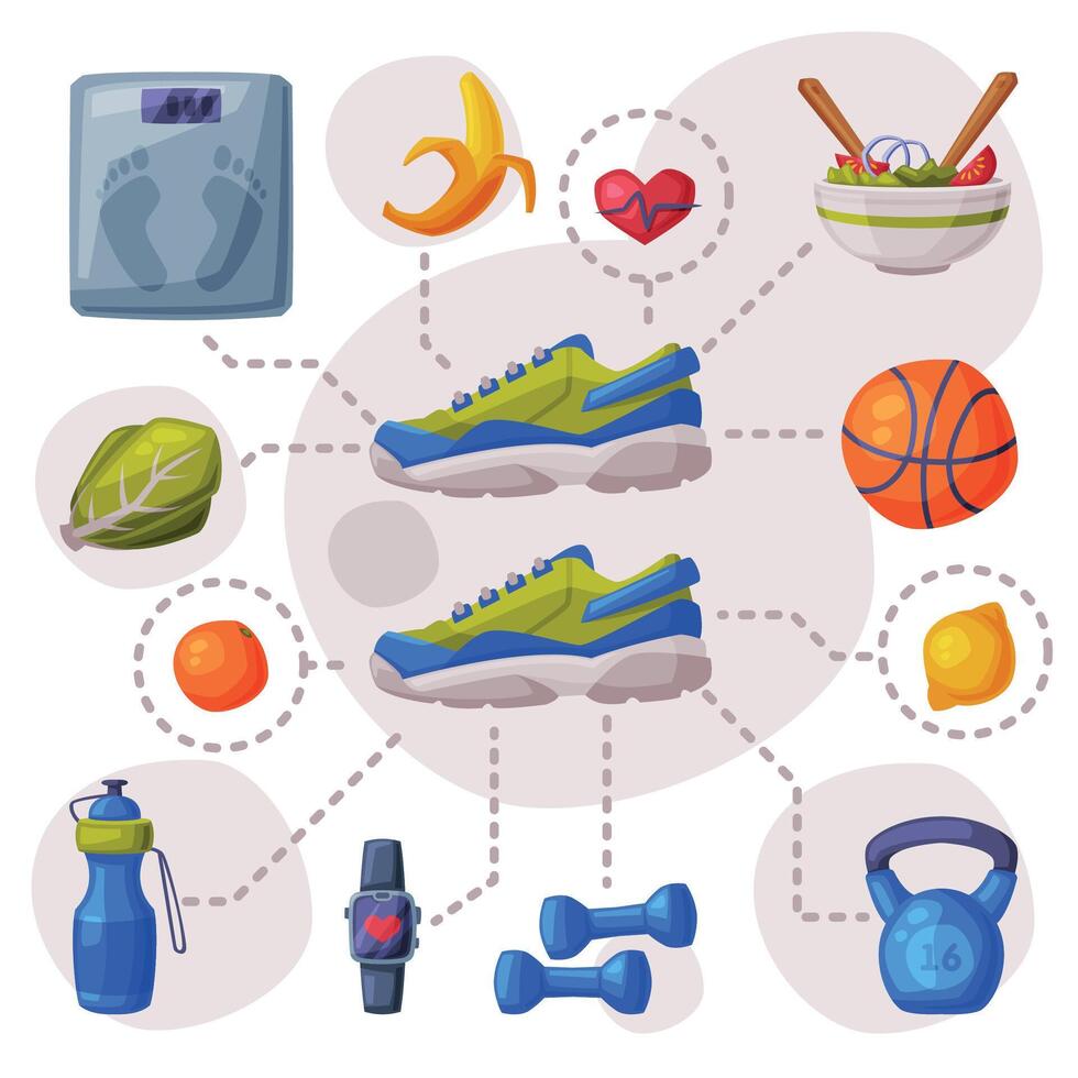 Sports and Healthy Lifestyle Set, Sneakers, Various Sports Equipment and Healthy Food vector