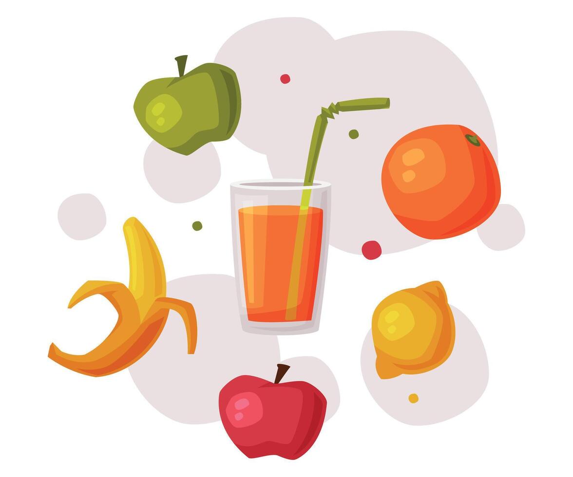 Fresh Organic Fruits and Glass of Juice, Useful Food, Products with Health Benefits, Healthy Diet Concept Cartoon Style Illustration vector