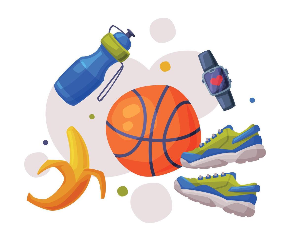 Healthy Lifestyle Objects, Sports Equipment, Nutritious Food, Athletic Shoes, Smartwatch Cartoon Style Illustration vector