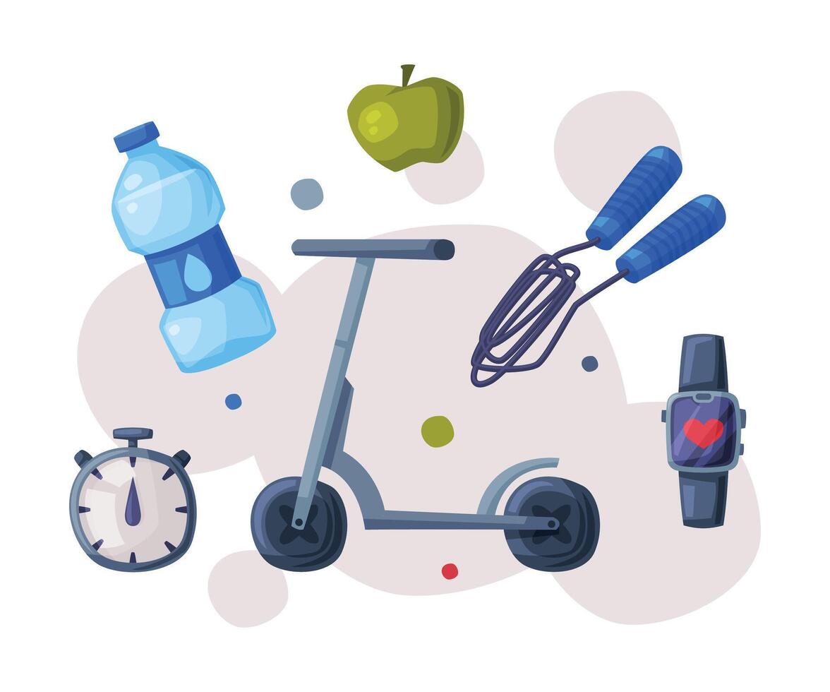 Sports and Healthy Lifestyle Objects, Kick Sooter, Skipping Rope, Bottle of Water, Apple, Stopwatch, Smartwatch Cartoon Style Illustration vector
