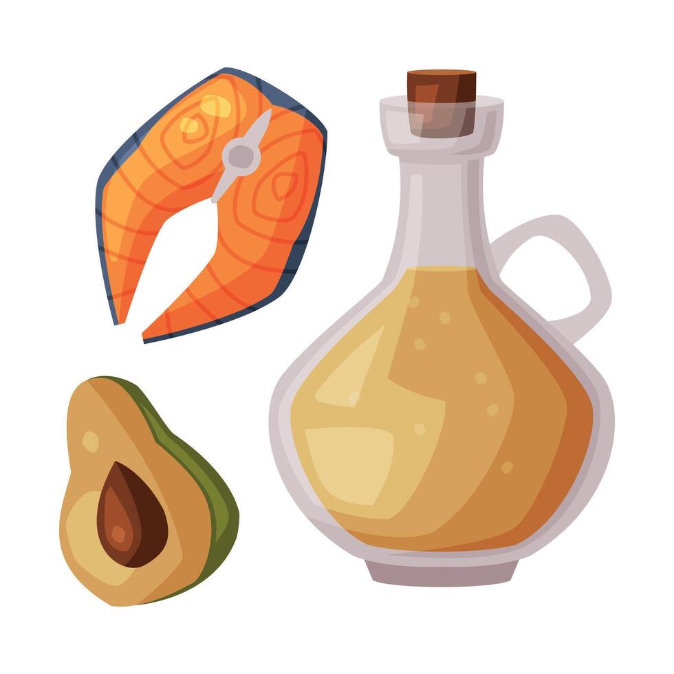 Salmon Fish, Olive Oil, Avocado, Fresh Useful Products with Health Benefits for Healthy Diet Cartoon Style Illustration vector