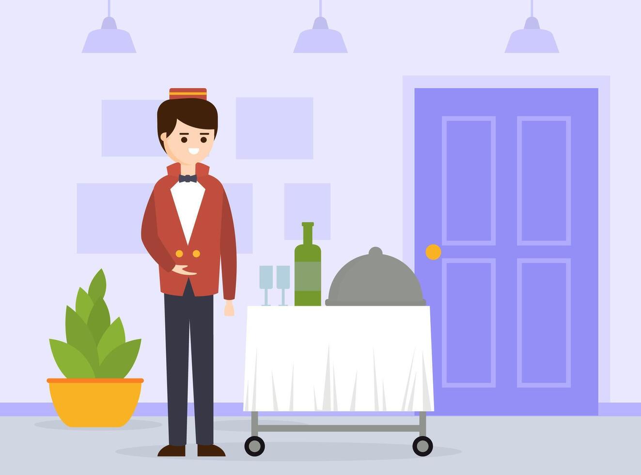 Room Service Employee Pushing Delivering Cart with Restaurant Cloche and bottle of Wine, Hotel Staff Character Cartoon Illustration vector