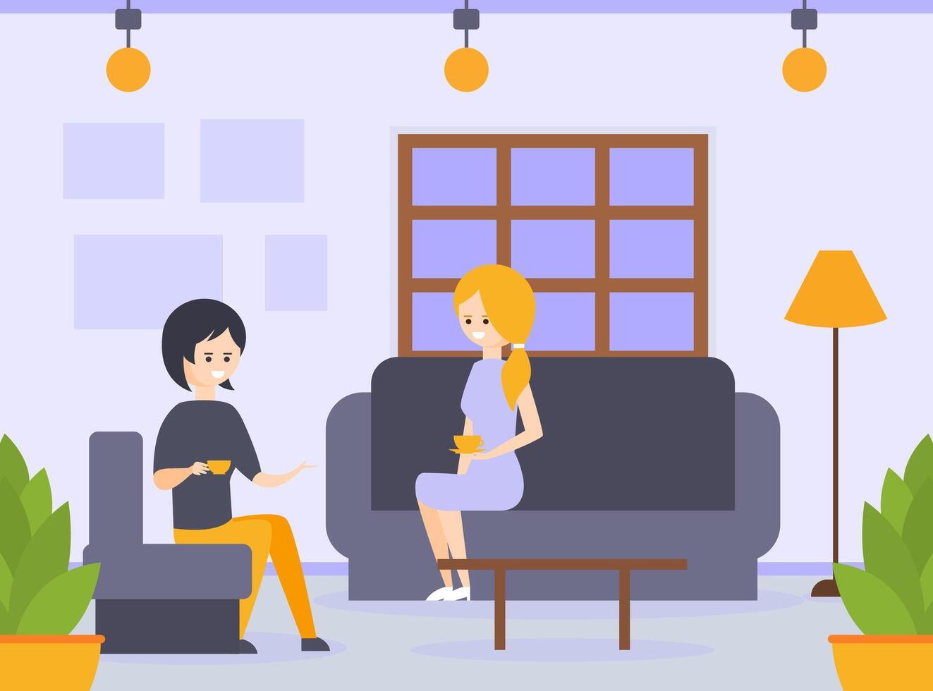 Two Young Women Sitting on Sofas, Drinking Coffee and Talking to Each Other, Expensive Restaurant Interior in Hotel Cartoon Illustration vector
