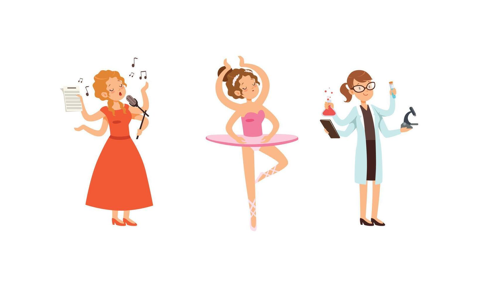 Multitasking People Collection, Girls with Many Hands Singing, Dancing, Doing Scientific Research Cartoon Style Illustration vector