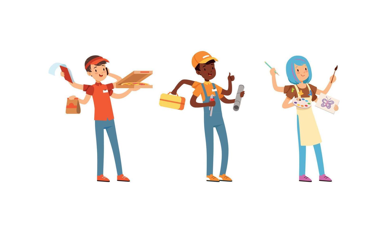 Multitasking People Collection, Pizza Delivery Boy, Plumber, Artist Characters with Many Hands Cartoon Style Illustration vector