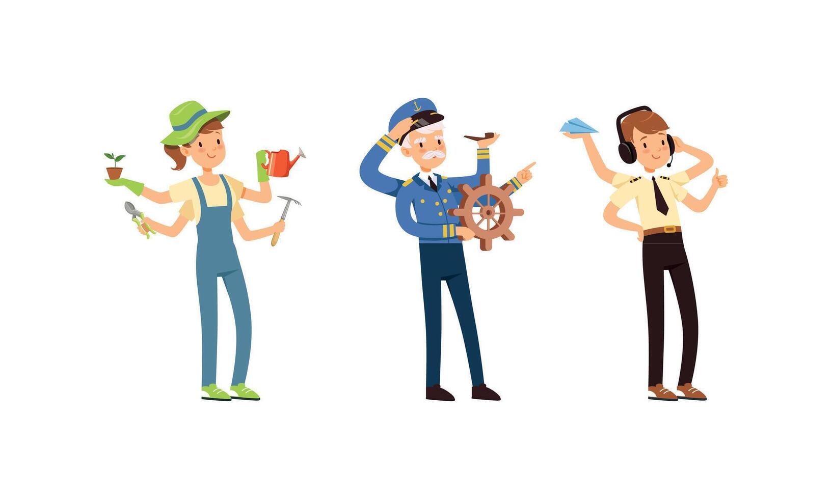Multitasking People Collection, Captain, Air Traffic Controller, Gardener Characters with Many Hands Cartoon Style Illustration vector