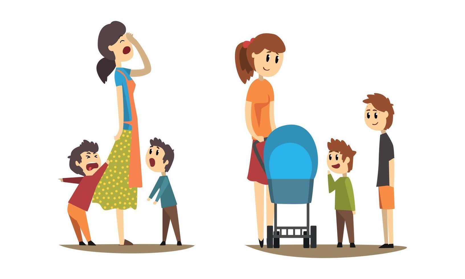 Young Mothers Walking with Little Kids Set, Tired Stressed Mom with Naughty Sons, Cheerful Mother with Baby Carriage and Two Sons Cartoon Style Illustration vector