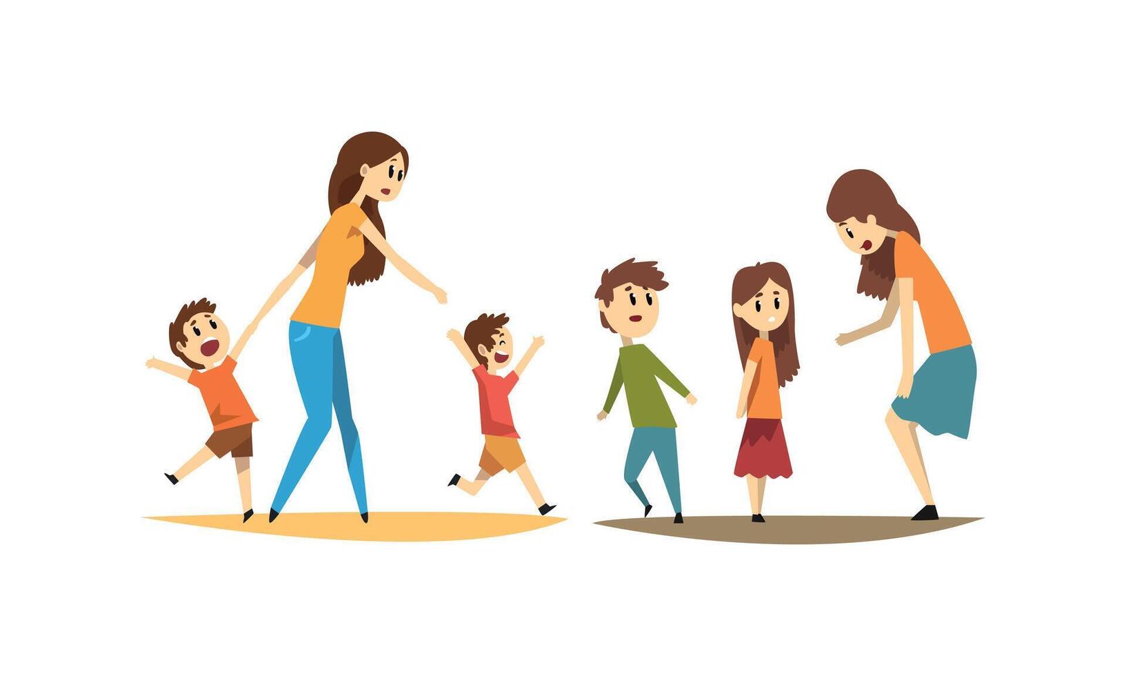 Young Mothers with Naughty Little Kids Set, Mom Walking with Children Outdoors Cartoon Style Illustration vector