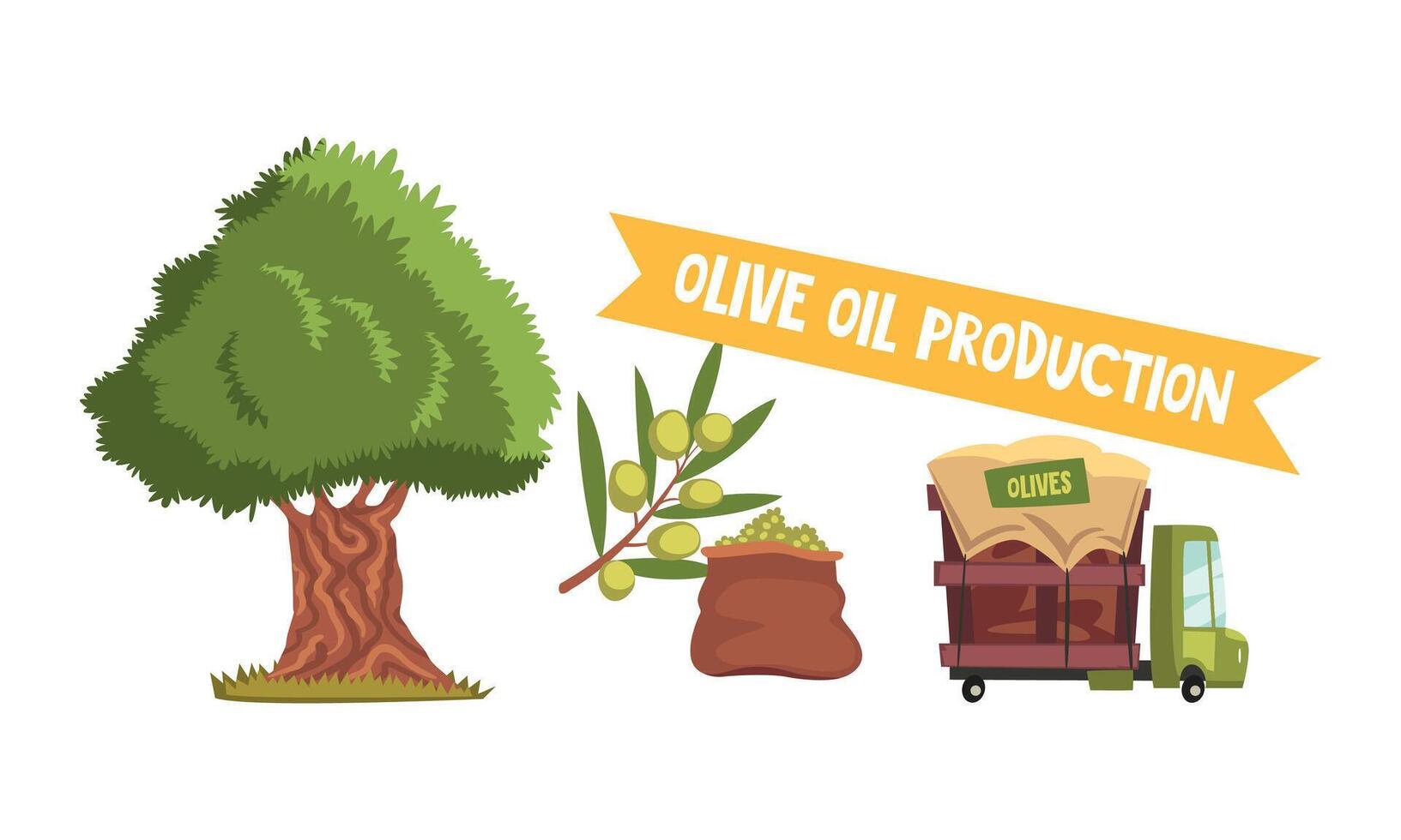 Olive Oil Production Process Set, Harvesting Olives and Delivery Cartoon Style Illustration vector